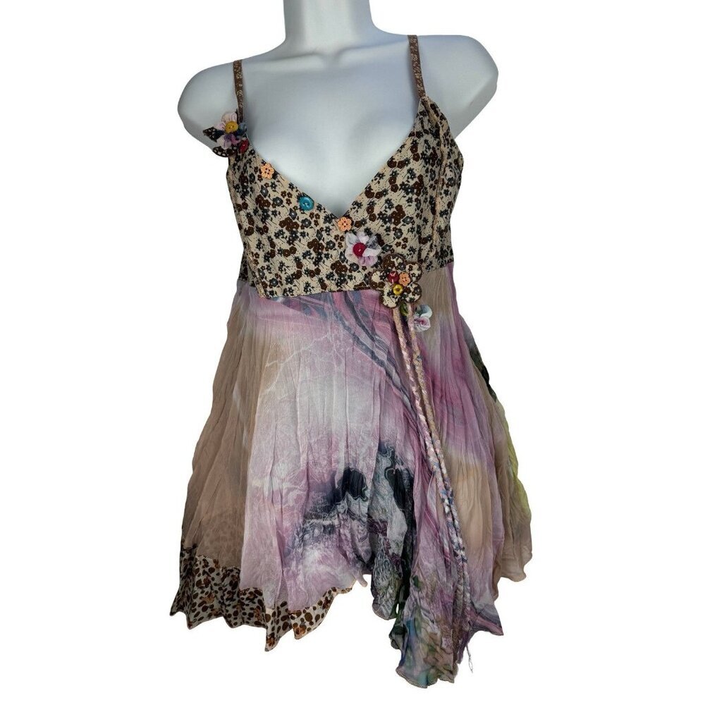 Boho Mixed Floral Leopard Print Handkerchief Hem Mini Dress Flower Buttons Pink